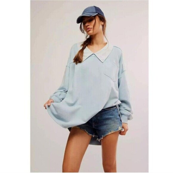 Free People Tops - Free People Madeleine Sweatshirt Womens Size XS Blue Striped Oversized Pullover